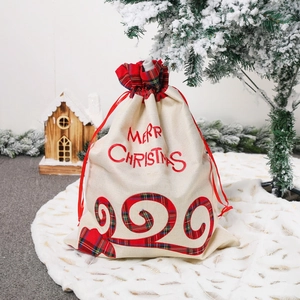 Linen Christmas elk gift bag with red drawstring and Merry Christmas embroidery