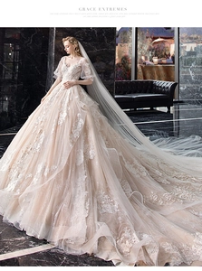 Luxurious deep V-neck wedding gown with elegant lace embroidery and long royal train