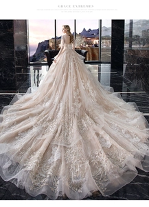 Detailed back view of a luxury bridal gown featuring intricate lace and a long train
