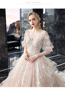 Detail of champagne bridal gown with deep V-neck, lace floral embroidery and bell sleeves