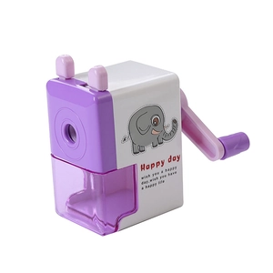 Manual cartoon elephant pencil sharpener in purple and white with hand crank design