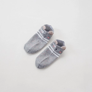 Detail view of gray cartoon low-cut sock with 3D animal ears and white stripes