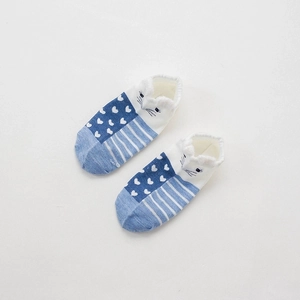 Detail of blue and white striped cotton socks with a cute 3D animal face and heart pattern