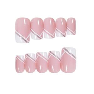 Unghie finte French rosa e bianche con linee glitter argento e forma quadrata-ovale