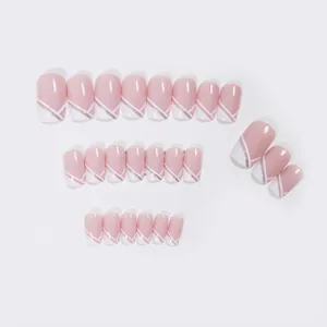 24 unghie finte French manicure rosa e bianco con linee argento glitterate e lucide