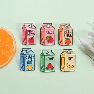 Set of six cute fruit juice enamel pins featuring Kindness Peace Love and Joy designs