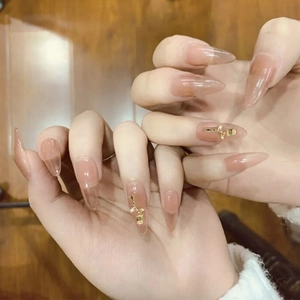 Long Stiletto Press On Nails Gradient Nude Pink With Gold Rose Elegant French Style Fake Nails For Women Waterproof