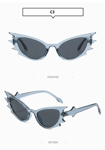 Detail view showing bat wing cat eye sunglasses in translucent blue from dual angles