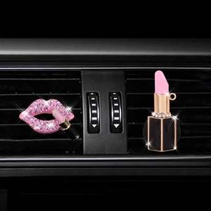Sparkling pink rhinestone lips and lipstick car vent clips with crystal detail accents