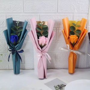 Three single sunflower and rose soap flower bouquets with eucalyptus and love ribbon