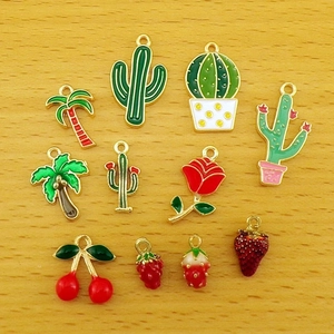 Enamel DIY charms set including coconut trees, cacti, rose, and colorful fruit pendants