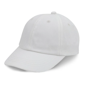 Close-up of a plain white 6-panel cotton baseball cap with a curved brim for kids