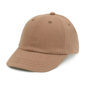 Detail view of khaki cotton twill baseball cap showing stitch lines and ventilation holes