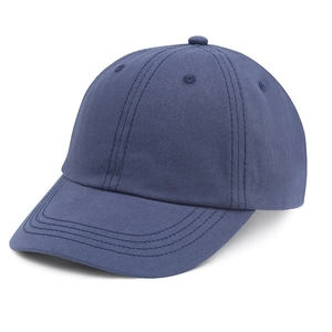 Close-up of high-quality navy blue cotton twill baseball cap stitching and visor