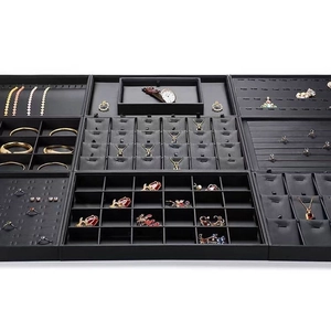 Black PU leather jewelry display tray set for rings, necklaces and watches organizer