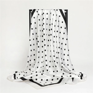 Polka dot silk-like square scarf 90cm large shawl wrap with black borders on white