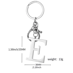 Minimalist silver letter E stainless steel keychain with detailed product dimensions