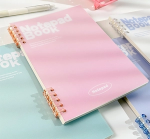 Detail of multi-color frosted plastic notebooks with segmented coil spiral binding