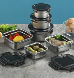 Set of round and square stainless steel food containers with black lids for kitchen storage