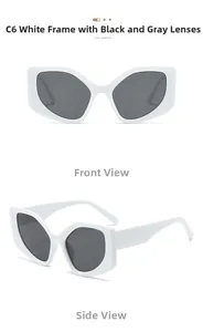 Detailed front and side views of C6 white geometric cat-eye sunglasses with grey lenses