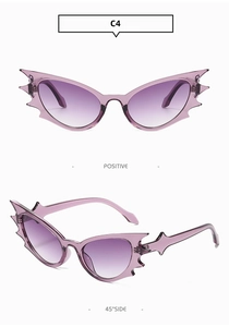 Detail view of purple bat-wing cat eye sunglasses from front and 45-degree angles