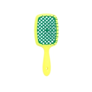 Vibrant yellow and green hollow mesh hairbrush with honeycomb design for detangling