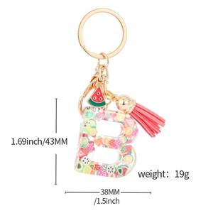 Letter B resin keychain with colorful fruit slices, pink tassel, and gold keyring
