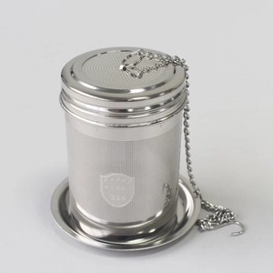 Detailed view of 304 stainless steel tea infuser with chain, hook, and base stand