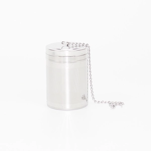 Detail of 304 stainless steel tea infuser mesh with SUS 304 engraving and hanging chain