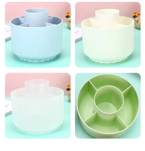 Detailed top view of 360 rotating desktop organizers in four soft pastel colors