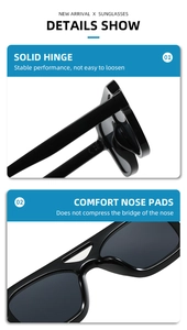 Close-up of durable metal hinges and comfortable nose pads on black square sunglasses