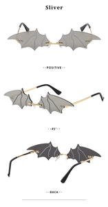Three views of bat wing rimless sunglasses with grey lenses and gold metal temples