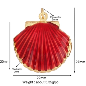 Detailed view of red enamel scallop shell pendant with gold plating and size measurements