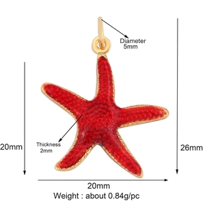 Red enamel starfish charm pendant with gold metal edges and detailed size measurements