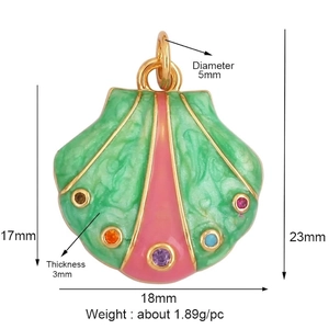 Detail of colorful enamel scallop pendant showing gold-plated metal and dimensions