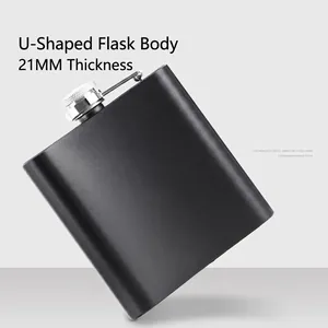 Black matte 8oz stainless steel hip flask with 21mm thickness and ergonomic U-shaped body