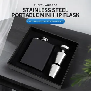 Portable Stainless Steel Hip Flask With Funnel And Cups Outdoor Travel Drinkware Matte Black Leather Wrap Gift