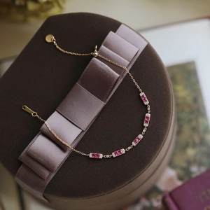 Bracciale in Argento Sterling 925 Placcato Oro 18K Zirconia Rosa Per Donna Bracciale Vintage Con Gemma Rettangolare Regolabile