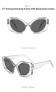 Detailed front and side view of trendy chunky transparent grey alien style sunglasses