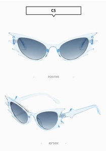 Front and 45-degree side views of ice blue bat-shaped cat eye sunglasses in C5 color