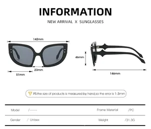 Size chart showing dimensions for women cat eye sunglasses with PC frame and 142mm width