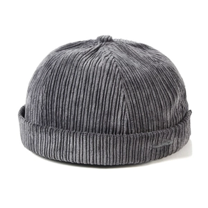 Gray corduroy docker hat with vintage texture and minimalist design on white background
