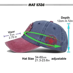 Size guide for distressed baseball cap with maple leaf embroidery and adjustable strap
