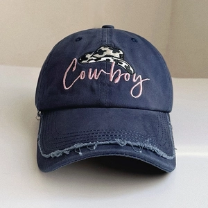 Distressed Cotton Baseball Cap Vintage Cowboy Embroidery Adjustable Sun Protection Casual Hip Hop Peaked Hat For Women Men