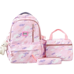 3-piece pink camo school backpack set with lunch bag, pencil case and bear keychain