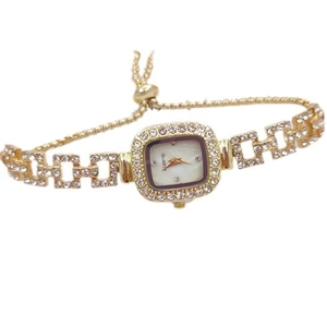 Elegant gold square watch for women with rhinestones and adjustable pull-out chain strap