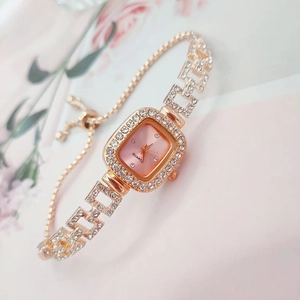 Square rose gold rhinestone watch for women with pink dial and adjustable chain bracelet
