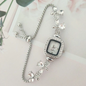 Fashion Women Bracelet Watch Square Quartz Dial Rhinestone Inlaid Adjustable Slide Chain Butterfly Decorative Elegant