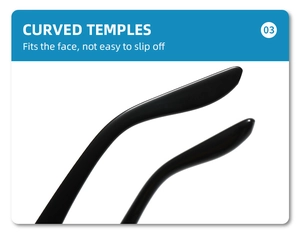 Detail view of black curved temples on square sunglasses for secure fit and face comfort