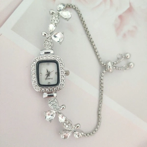Silver square leaf rhinestone watch with crystal bow bracelet for women's fashion
